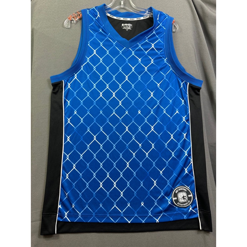 AND1 Men's Blue Black Chain Link Fence Graphic Basketball Jersey Large RN117927
